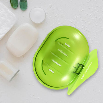 Wukusy plastic soap dish holder for bathroom and kitchen, wall-mounted with adhesive, includes sponge and soap storage tray.