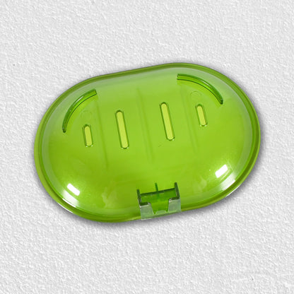 Wall-mounted plastic soap dish holder with self-adhesive backing, designed for bathroom or kitchen sponge and soap storage.