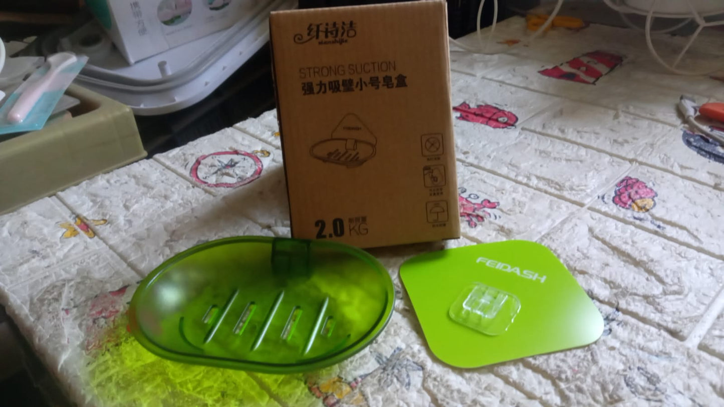 Wukusy plastic soap dish holder for bathroom and kitchen, wall-mounted, self-adhesive soap and sponge storage tray.