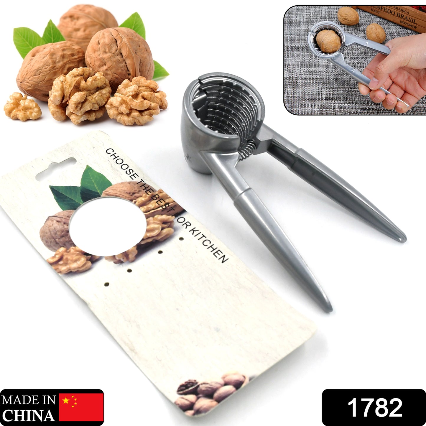 Wukusy walnut cracker and nut cutter with stainless steel die-cast body, portable clamp for pecans, almonds, and Brazil nuts.