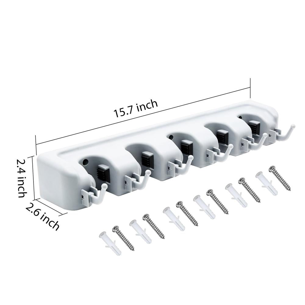 Wukusy 5-layer wall-mounted organizer for mops and brooms, ideal for home and kitchen storage, with multiple slots and hooks