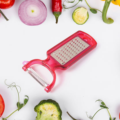 Wukusy 2-in-1 multifunctional kitchen peeler with grater, stainless steel blades, and ergonomic handle for peeling and grating vegetables.