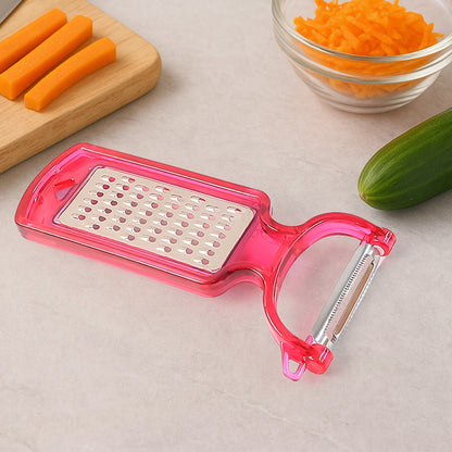 Wukusy 2-in-1 multifunctional kitchen peeler with grater, stainless steel blade, and ergonomic handle for versatile food prep.