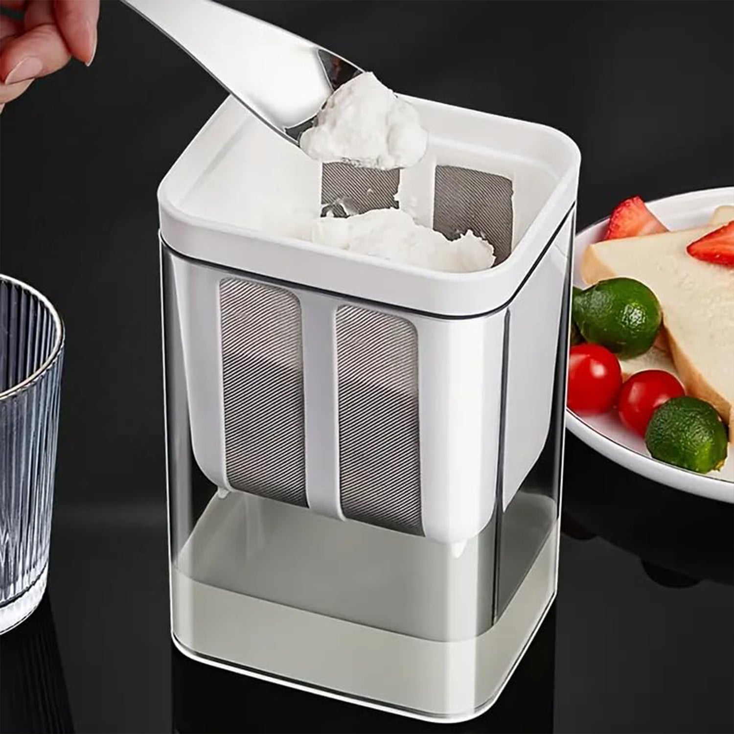 Wukusy 2-in-1 multifunctional yogurt strainer with 1100 ml storage container for home kitchen use.