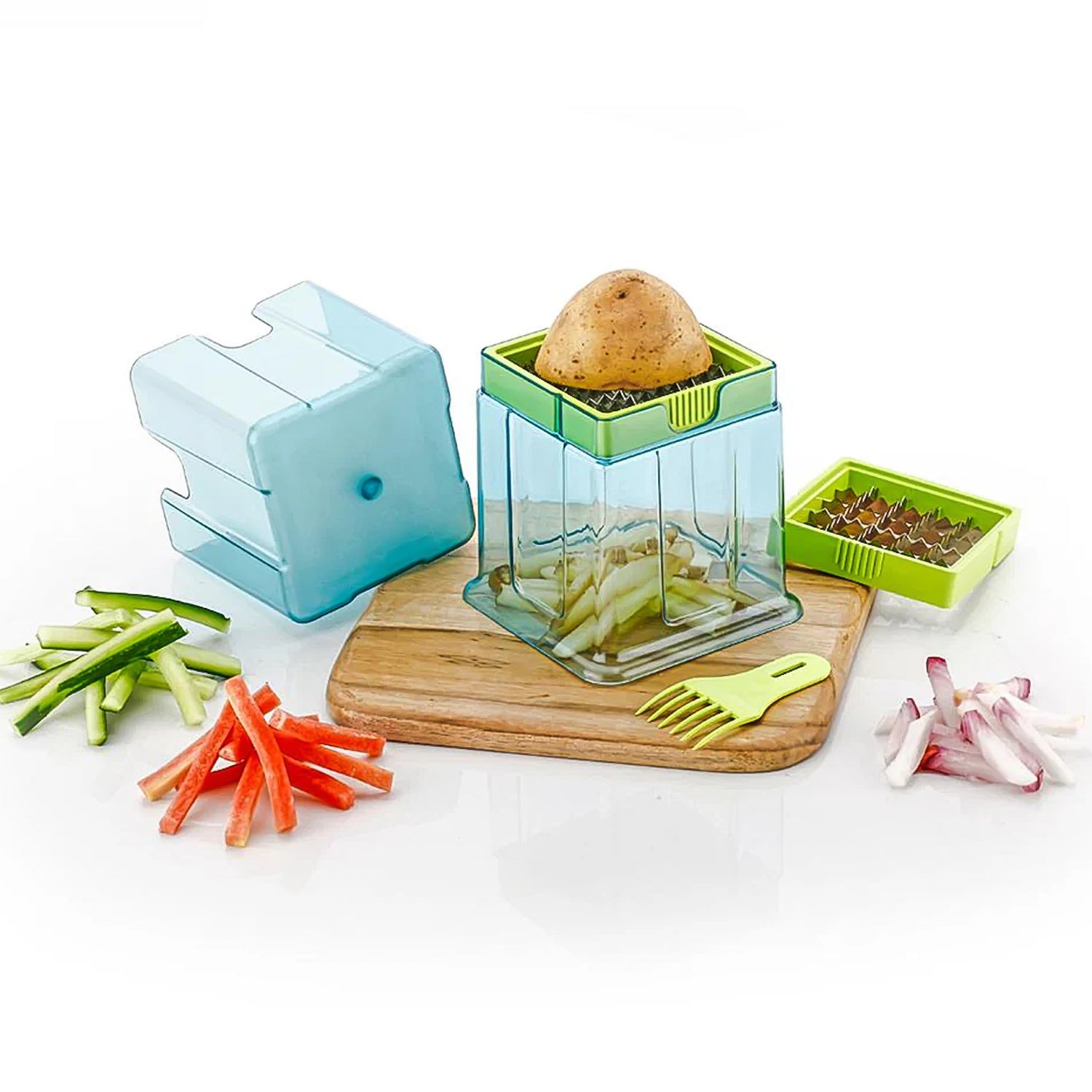 Wukusy 2-in-1 potato chip slicer and French fries maker with two blades, plastic vegetable and fruit slicer for kitchen use.
