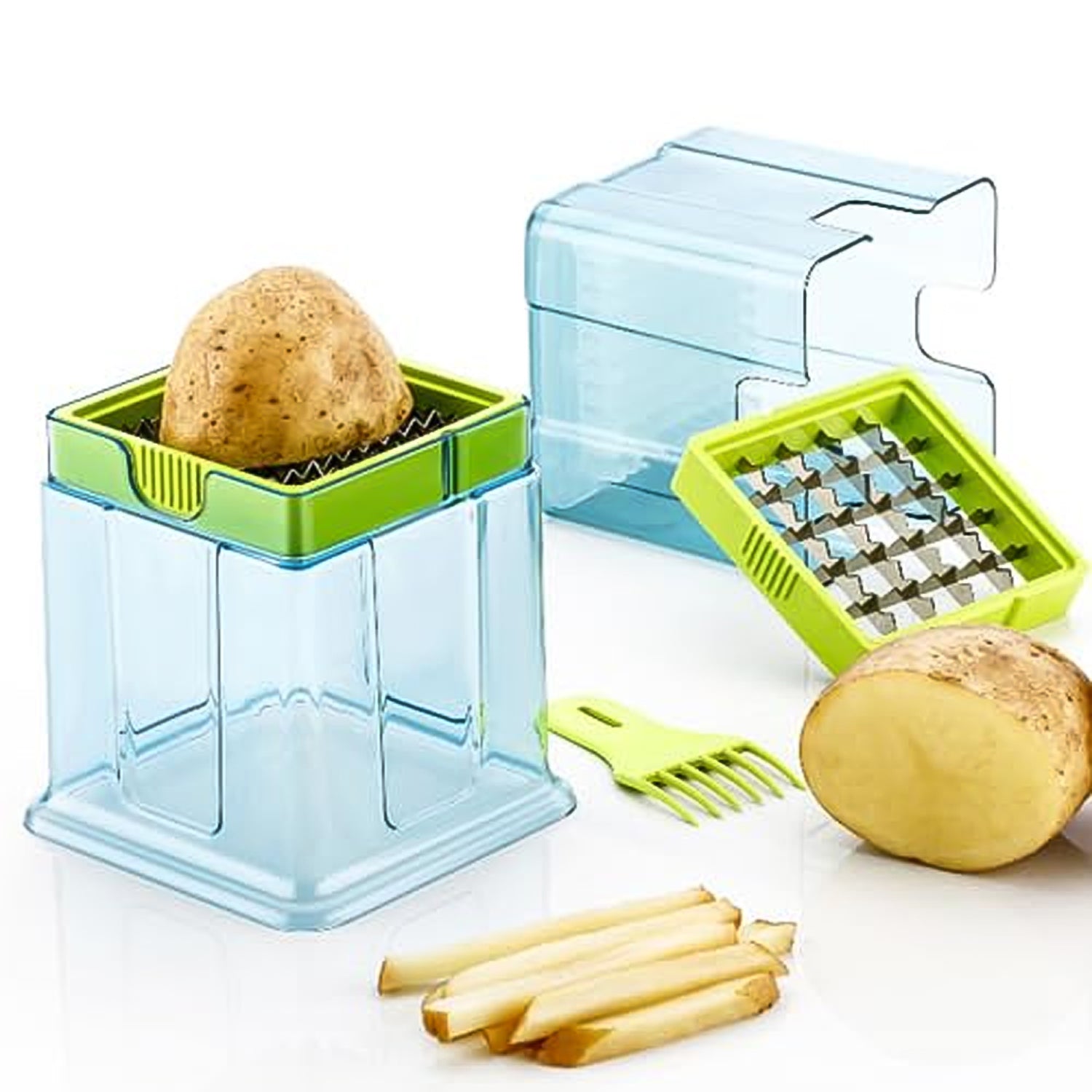 Wukusy 2-in-1 potato chipper and French fries slicer with two blades, plastic vegetable and fruit cutter for kitchen use.