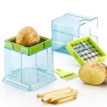 Wukusy 2-in-1 potato chipper and French fries slicer with two blades, plastic vegetable and fruit cutter for kitchen use.
