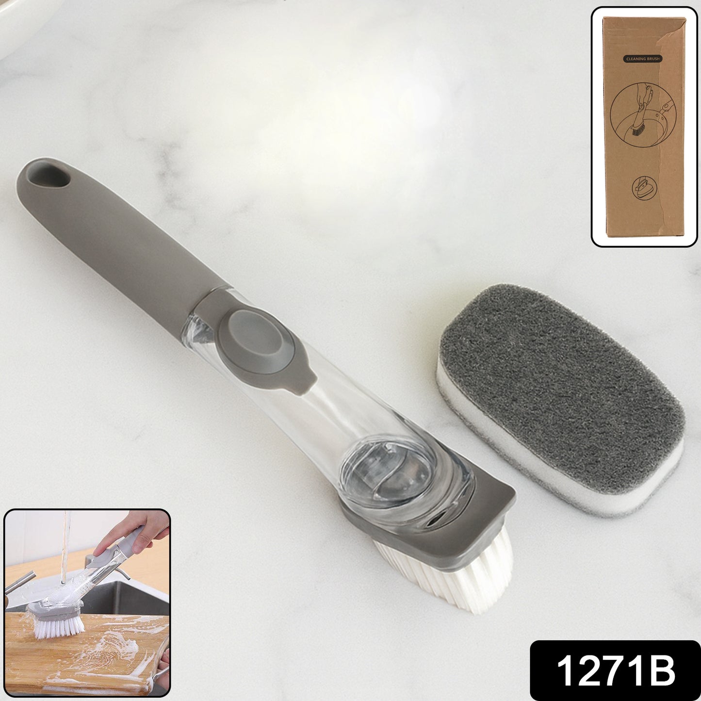 Wukusy 2-in-1 soap-dispensing dish brush set for kitchen cleaning, with ergonomic handle and built-in soap dispenser.