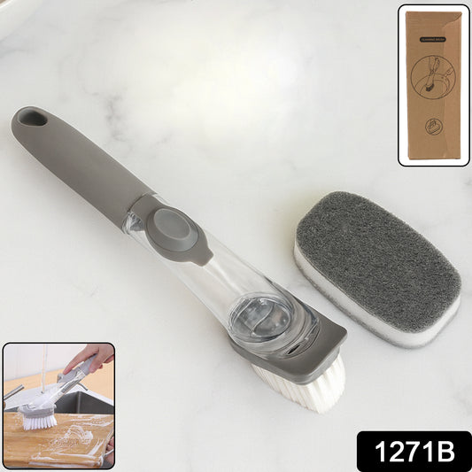 Wukusy 2-in-1 soap-dispensing dish brush set for kitchen cleaning, with ergonomic handle and built-in soap dispenser.