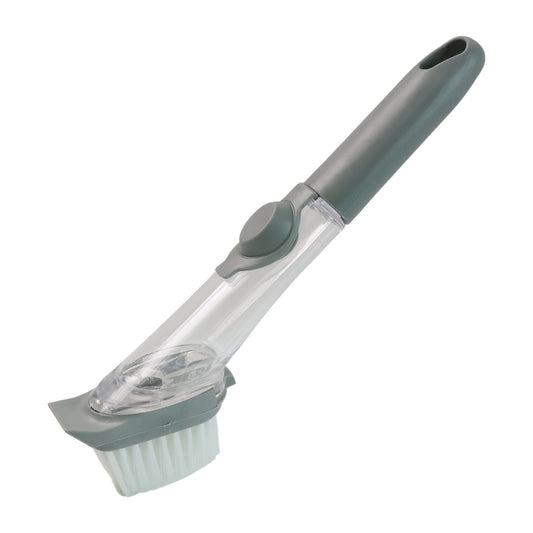 Wukusy 2-in-1 soap-dispensing dish brush set with ergonomic handle and cleaning brush head for kitchen dishwashing.