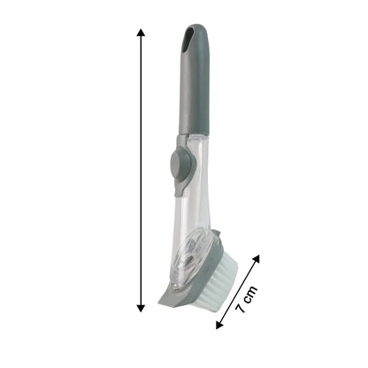 Wukusy 2-in-1 soap-dispensing dish brush set with ergonomic handle and cleaning bristles for kitchen dishwashing.