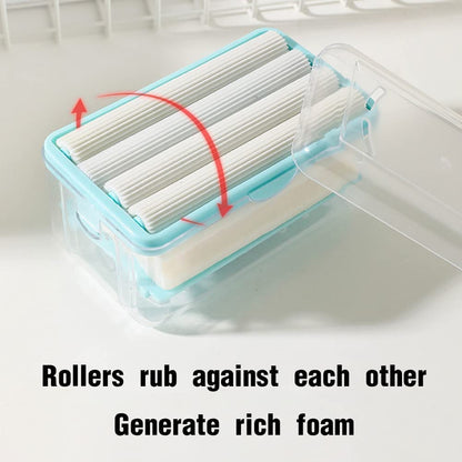 Wukusy 2-in-1 soap roller with case for home and kitchen use, compact and portable cleaning accessory in black and silver