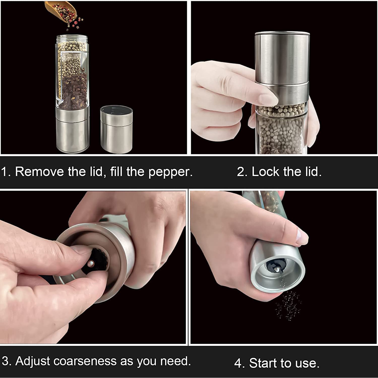 Wukusy 2-in-1 stainless steel salt and pepper grinder with adjustable grind settings for home and kitchen use.
