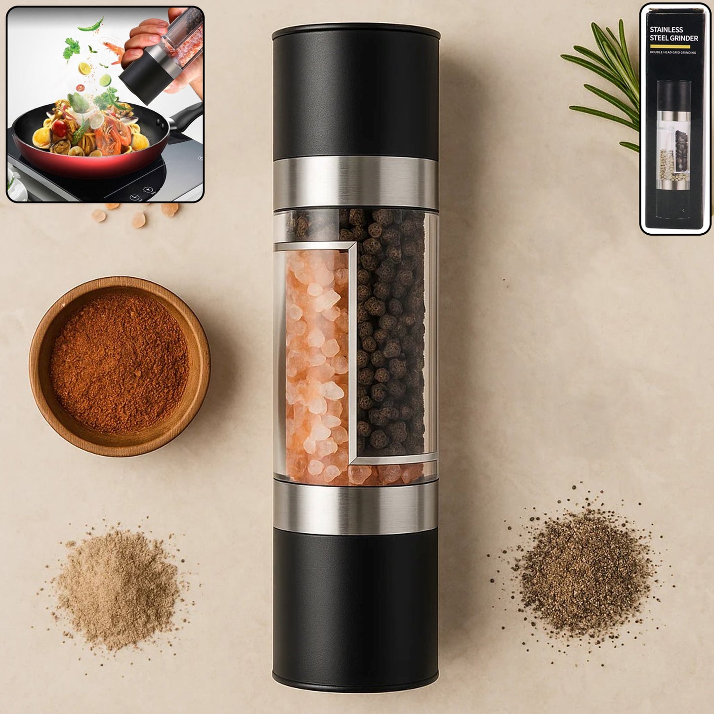 Wukusy 2-in-1 stainless steel salt and pepper grinder, modern kitchen tool with adjustable grind settings on a countertop.