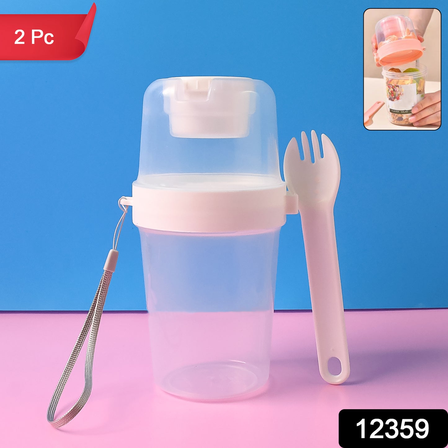 Wukusy 2-piece salad cup lunch container with dressing storage and reusable fork, ideal for fresh meals and convenient meal prep.
