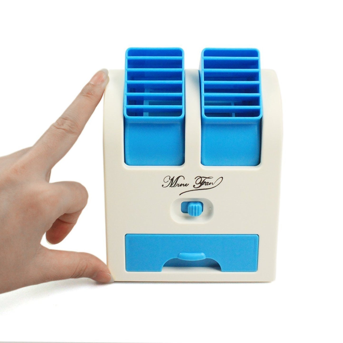 Wukusy 201 Dual Bladeless Mini Air Conditioner for home and kitchen, compact and sleek cooling device with modern design.