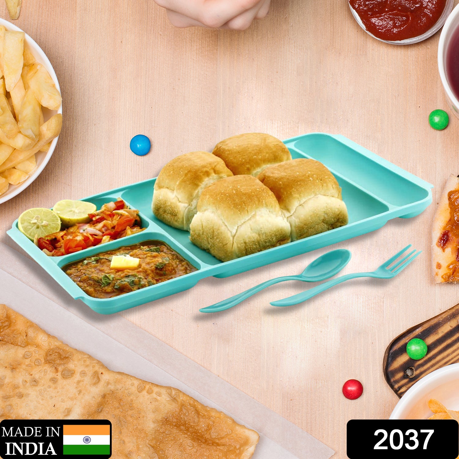 Wukusy 4-compartment plastic dinner plate with spoon and fork, divided food plate for pav bhaji and meals, durable kitchenware.