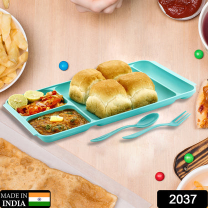 Wukusy 4-compartment plastic dinner plate with spoon and fork, divided food plate for pav bhaji and meals, durable kitchenware.