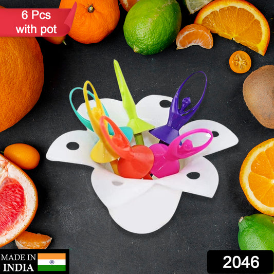 Set of 6 Wukusy Dancing Doll Fruit Forks with stand, decorative kitchen cutlery featuring colorful doll design.