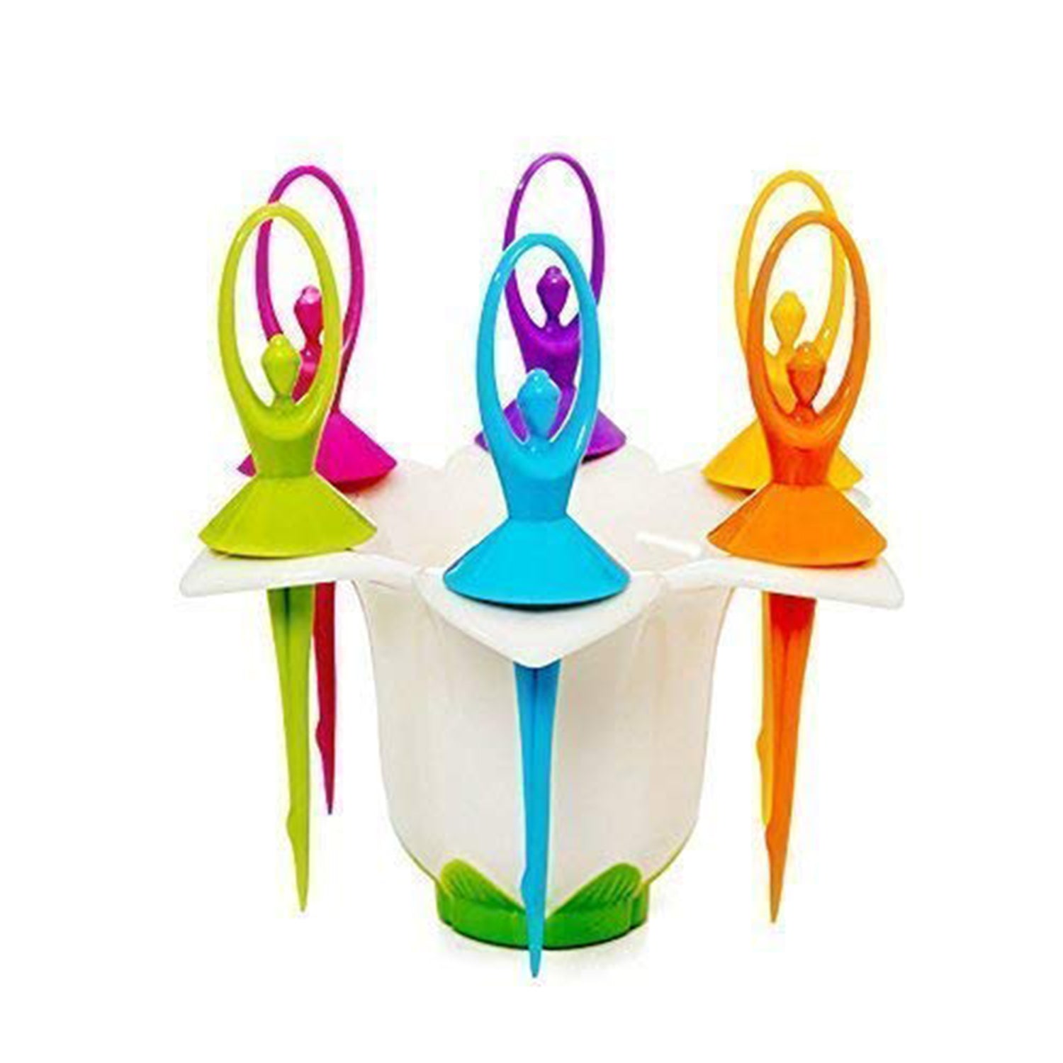Wukusy Dancing Doll Fruit Fork Cutlery Set with stand, 6-piece home and kitchen utensil display featuring colorful doll designs.