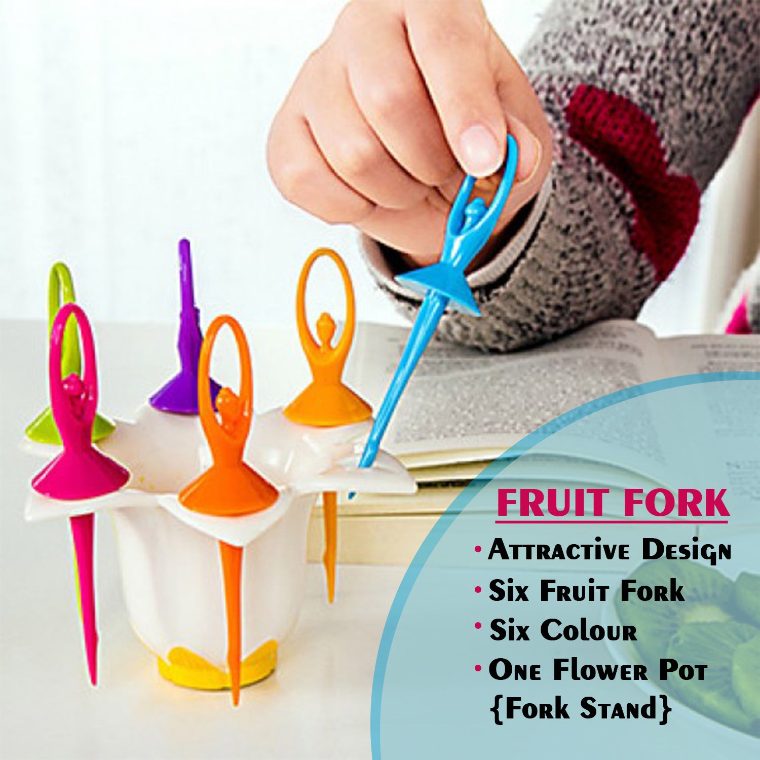 Set of 6 Wukusy Dancing Doll Fruit Forks with stand, colorful and decorative cutlery for home and kitchen use.