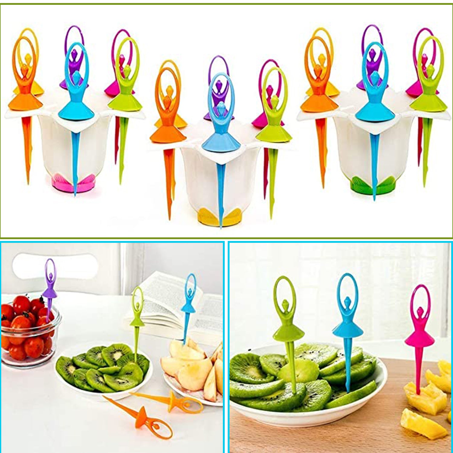 Set of 6 Wukusy Dancing Doll Fruit Forks with stand, colorful and decorative kitchen cutlery for serving fruit.