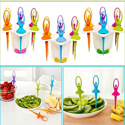 Set of 6 Wukusy Dancing Doll Fruit Forks with stand, colorful and decorative kitchen cutlery for serving fruit.