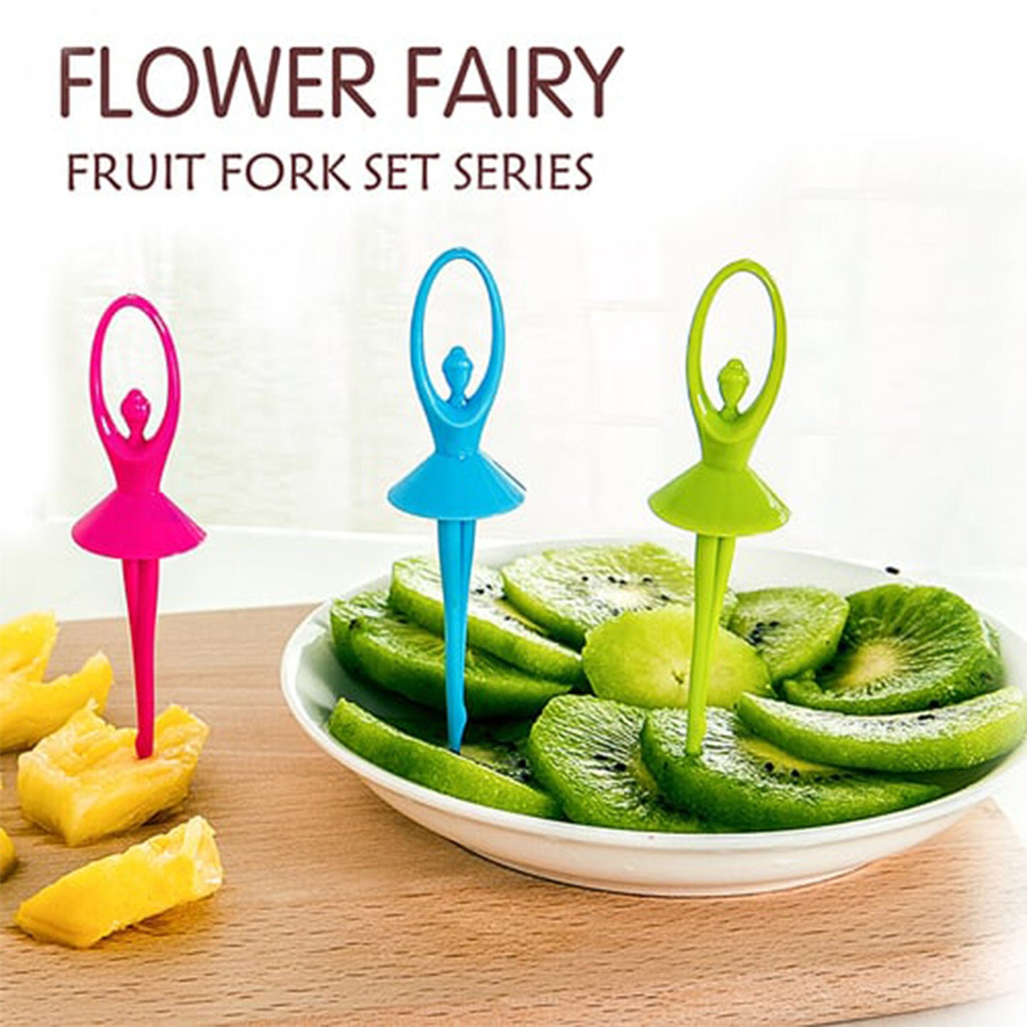 Wukusy Dancing Doll Fruit Fork Cutlery Set with stand, set of 6, decorative kitchen utensils for serving fruit.