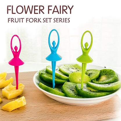 Wukusy Dancing Doll Fruit Fork Cutlery Set with stand, set of 6, decorative kitchen utensils for serving fruit.