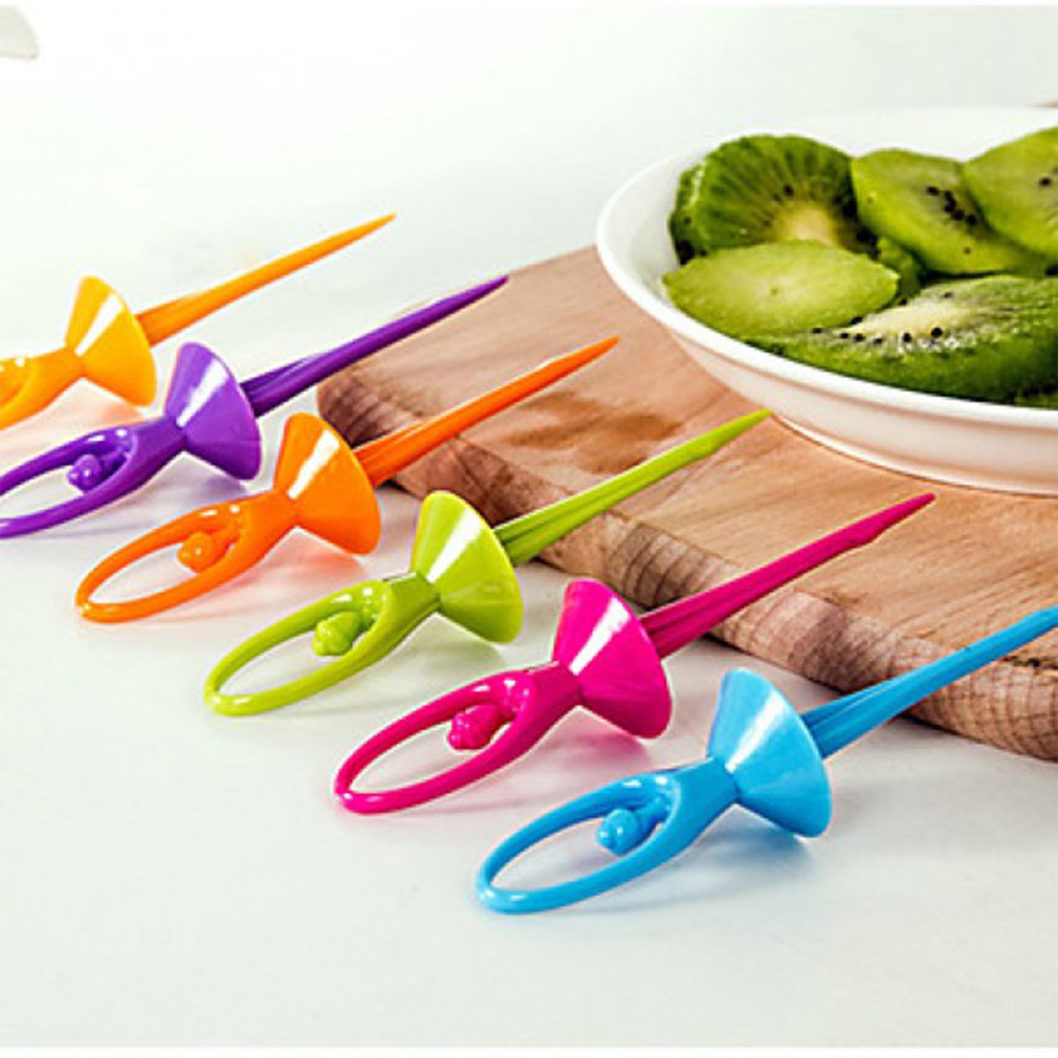 Six Wukusy Dancing Doll fruit fork cutlery set with stand, featuring decorative doll-shaped handles and colorful design.