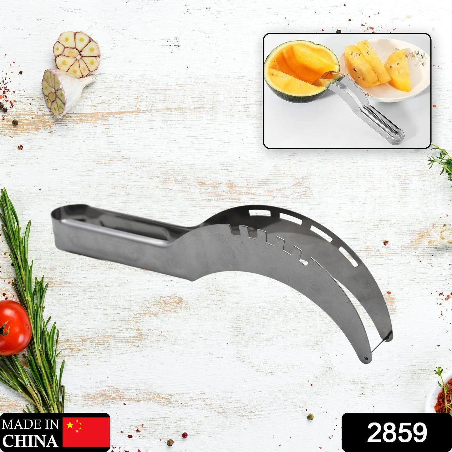 Wukusy 2047L stainless steel watermelon and cantaloupe slicer knife with corer, ideal for cutting and preparing fruits and vegetables.