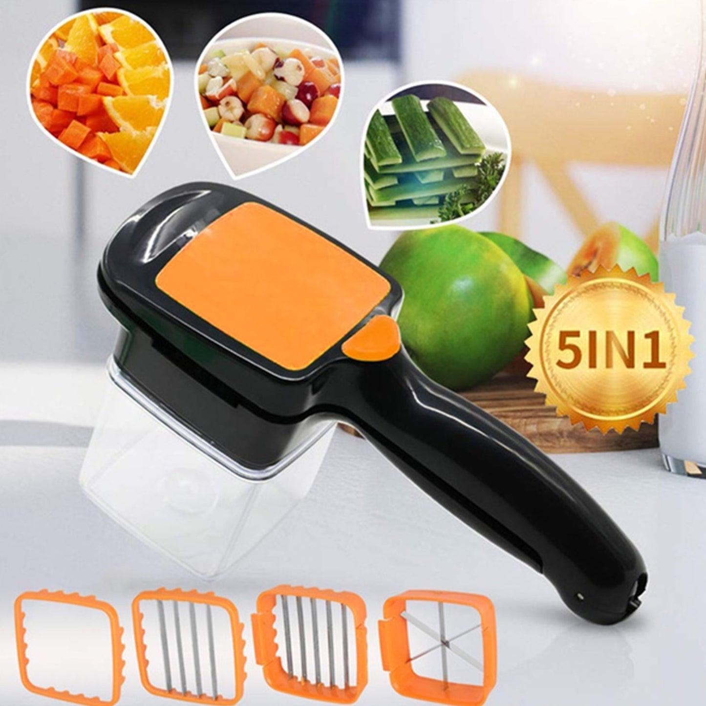 Wukusy 5-in-1 Nicer Dicer used for cutting and shredding vegetables, fruits, and food in kitchen, versatile kitchen tool.