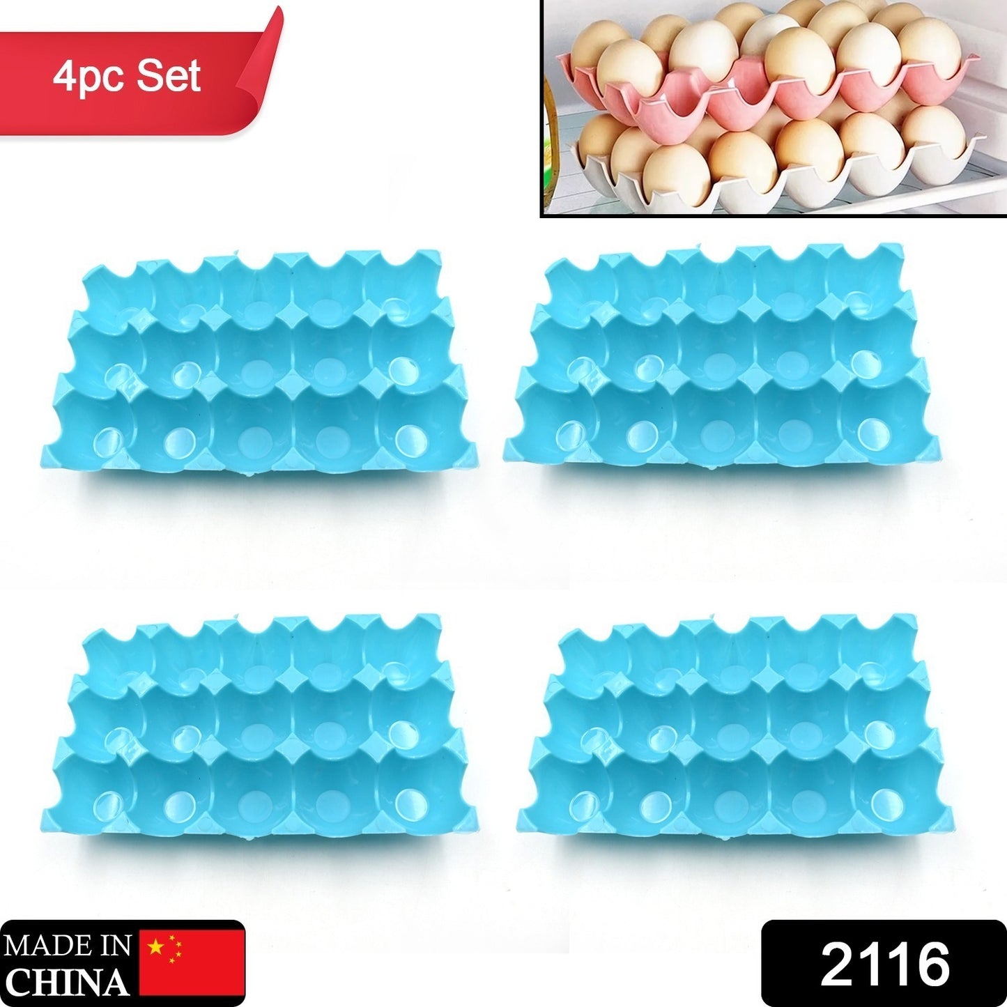 Wukusy 15-cavity plastic egg tray set for storage, includes 4 trays with 15 egg holders each, ideal for kitchen organization.