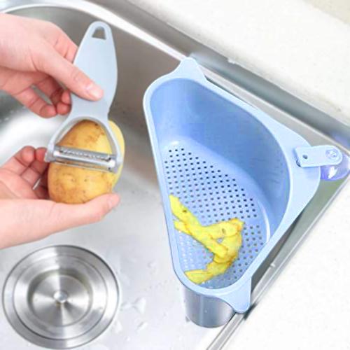 Wukusy triangular multi-functional sink drainer shelf for kitchen sink storage and organization.