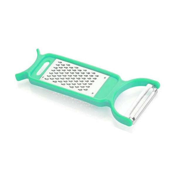 Wukusy 3-in-1 vegetable peeler, grater, and cutter for food prep, shown with blades and handle on a kitchen countertop.