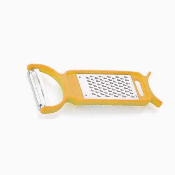 Wukusy 3-in-1 vegetable peeler, grater, and cutter for food prep, shown with peeled vegetables and grating surface.