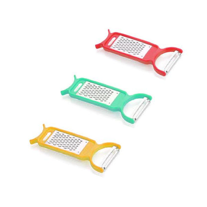 Wukusy 3-in-1 vegetable peeler, grater, and cutter for food prep, with ergonomic handle and stainless steel blades.