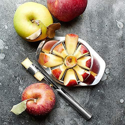 Wukusy stainless steel apple cutter with 8 blades and handle, designed for efficient slicing in home and kitchen use.