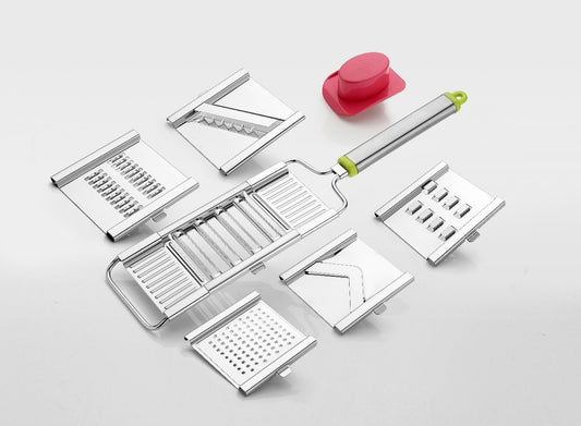 Wukusy 6-in-1 stainless steel kitchen chip chopper, cutter, slicer, and grater with handle for home cooking.