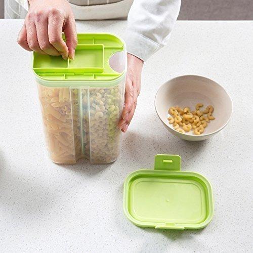 Wukusy 2 Ltr plastic food storage container with two airtight transparent sections for grains and cereals, includes box.