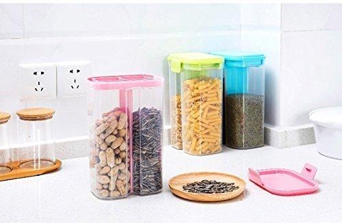 Wukusy plastic 2-section transparent food storage container for grains and cereals, 2-liter capacity with airtight seal and box