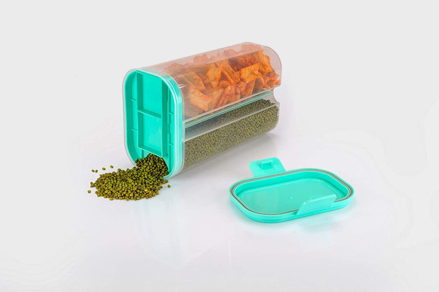 Wukusy plastic 2-section transparent food storage container for grains and cereal, 2-liter capacity with lid and box.