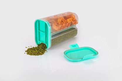 Wukusy plastic 2-section transparent food storage container for grains and cereal, 2-liter capacity with lid and box.