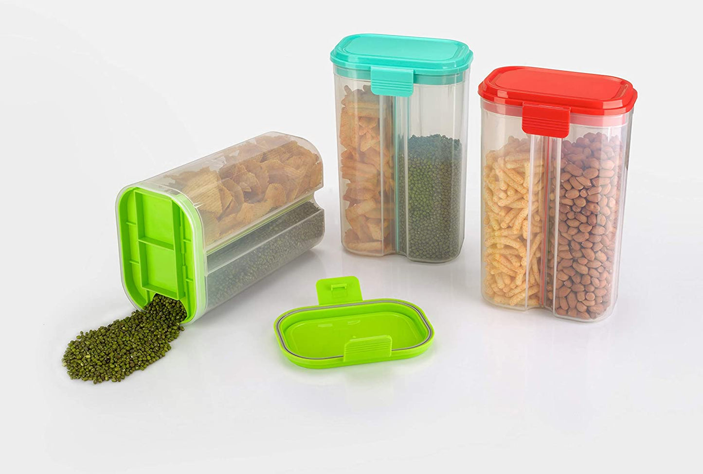 Wukusy 2146 plastic 2-section transparent food storage container with lid, ideal for grains and cereals, 2-liter capacity.