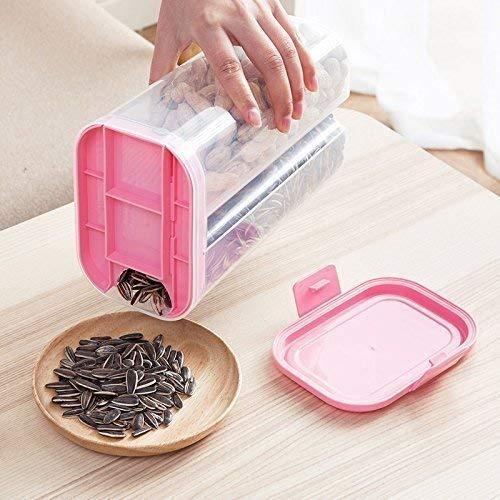 Wukusy plastic 2-section transparent cereal storage container with airtight lid, 2-liter capacity for food grains and cereals.