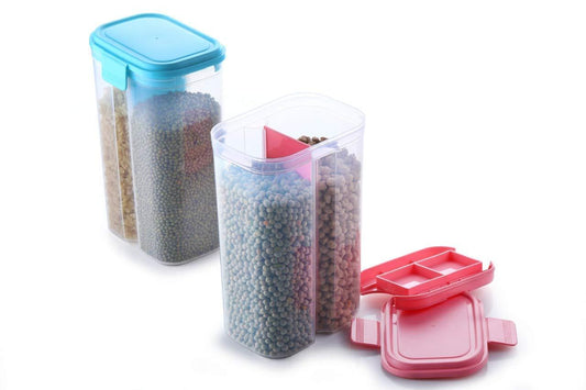 Wukusy 2-liter plastic food storage container with two sections, airtight, transparent for grains and cereals, home kitchen use