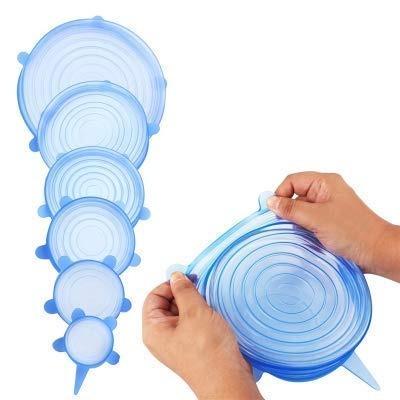 Set of six Wukusy silicone stretch lids, reusable microwave-safe flexible covers for bowls and containers in a loose pack.