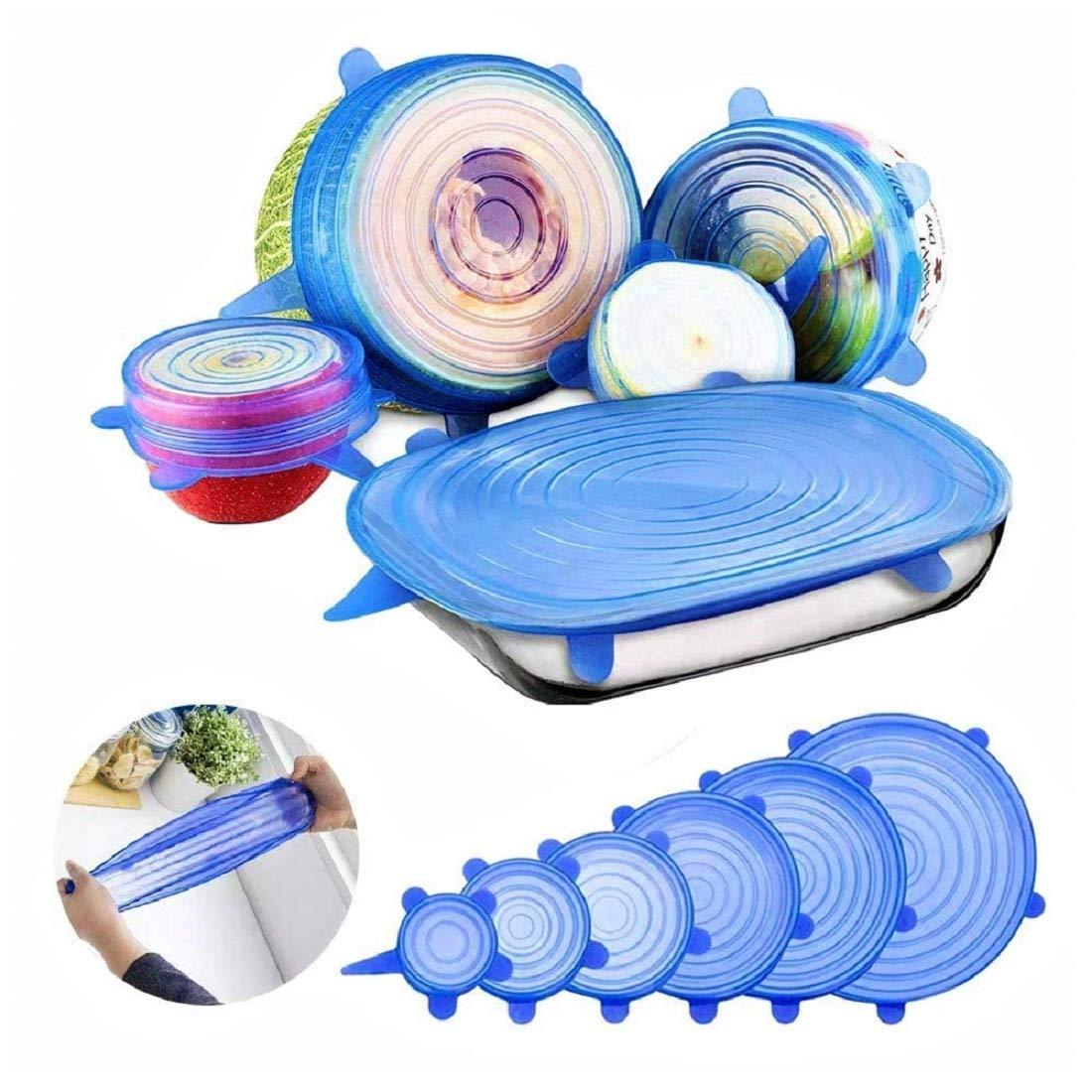 Set of 6 Wukusy silicone stretch lids, reusable microwave-safe flexible covers for bowls and containers in a home kitchen.