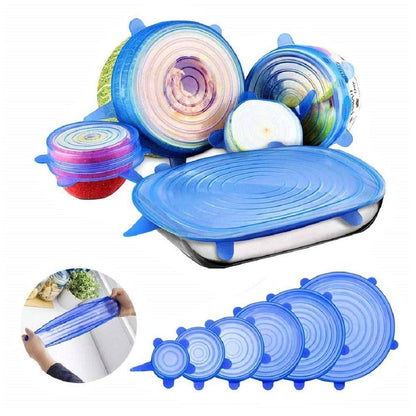 Set of 6 Wukusy silicone stretch lids, reusable microwave-safe flexible covers for bowls and containers in a home kitchen.