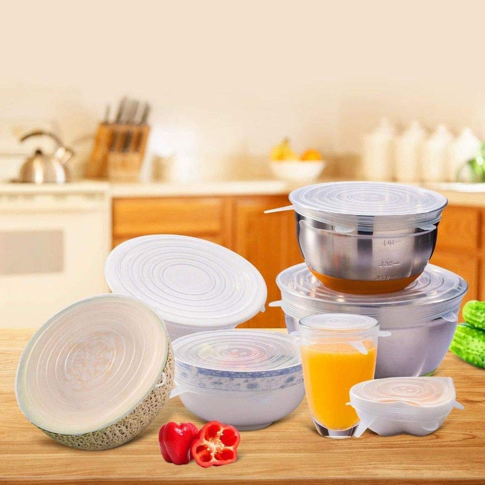 Wukusy silicone stretch lids set of 6, reusable microwave-safe flexible covers for bowls and containers in a home kitchen setting.